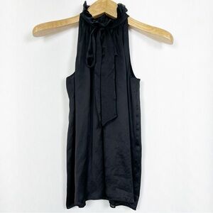 Club Monaco Black Silk Neck-Tie Sleeveless Blouse Ruffled High-Neck Size XS‎